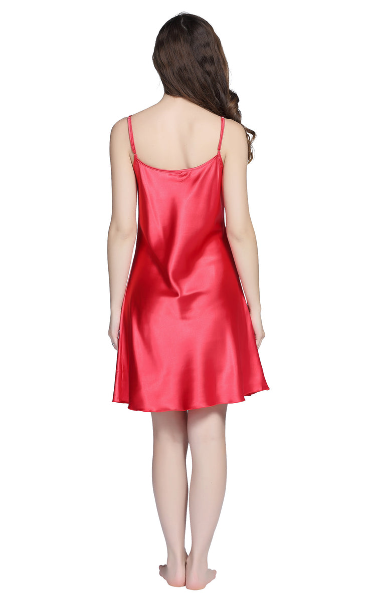 Women's Satin Nightgown Sexy Long Camisole -Red