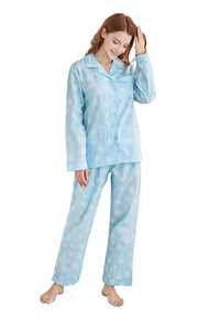 Women's Cotton Long Sleeve Woven Pajama Set-Blue with White Snowflake