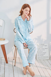 Women's Cotton Long Sleeve Woven Pajama Set-Blue with White Snowflake