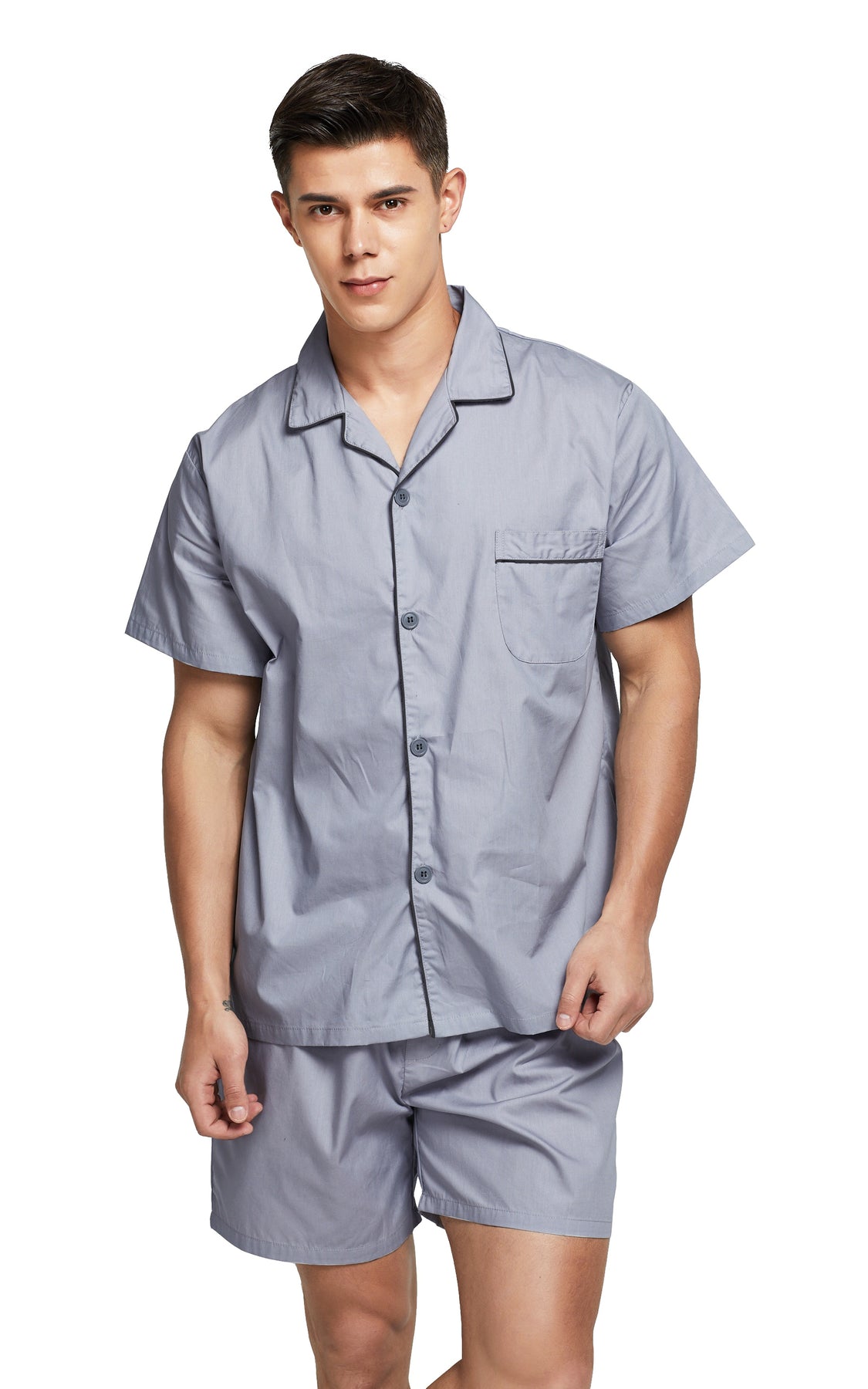 Men's Cotton Short Sleeve Woven Pajama Set-Gray with Black Piping ...