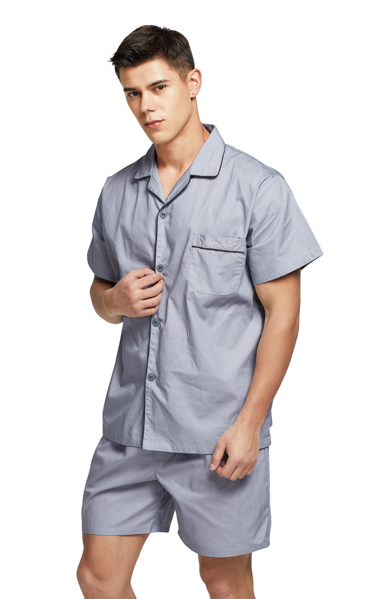 Men's Cotton Short Sleeve Woven Pajama Set-Gray with Black Piping