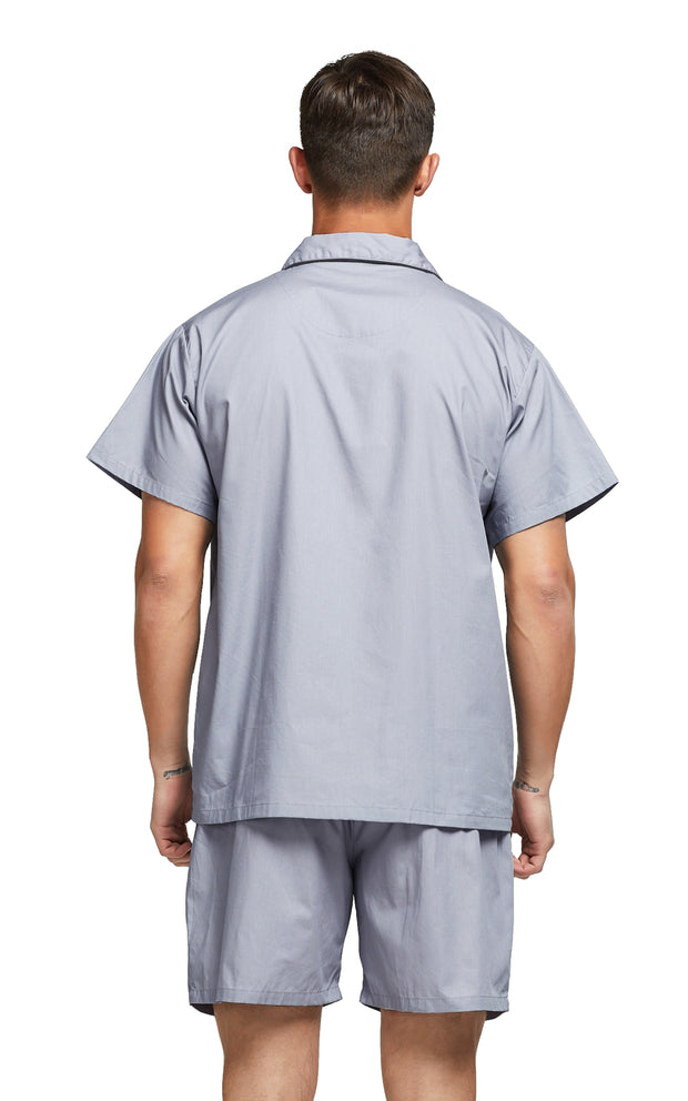 Men's Cotton Short Sleeve Woven Pajama Set-Gray with Black Piping