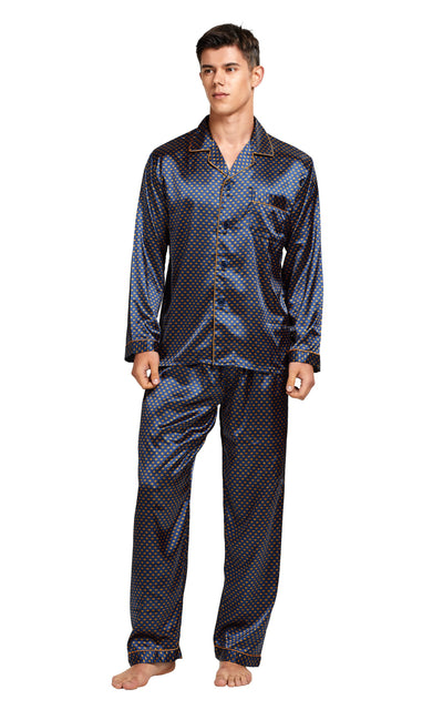 Men's Silk Satin Pajama Set Long Sleeve-Navy and Golden Diamond