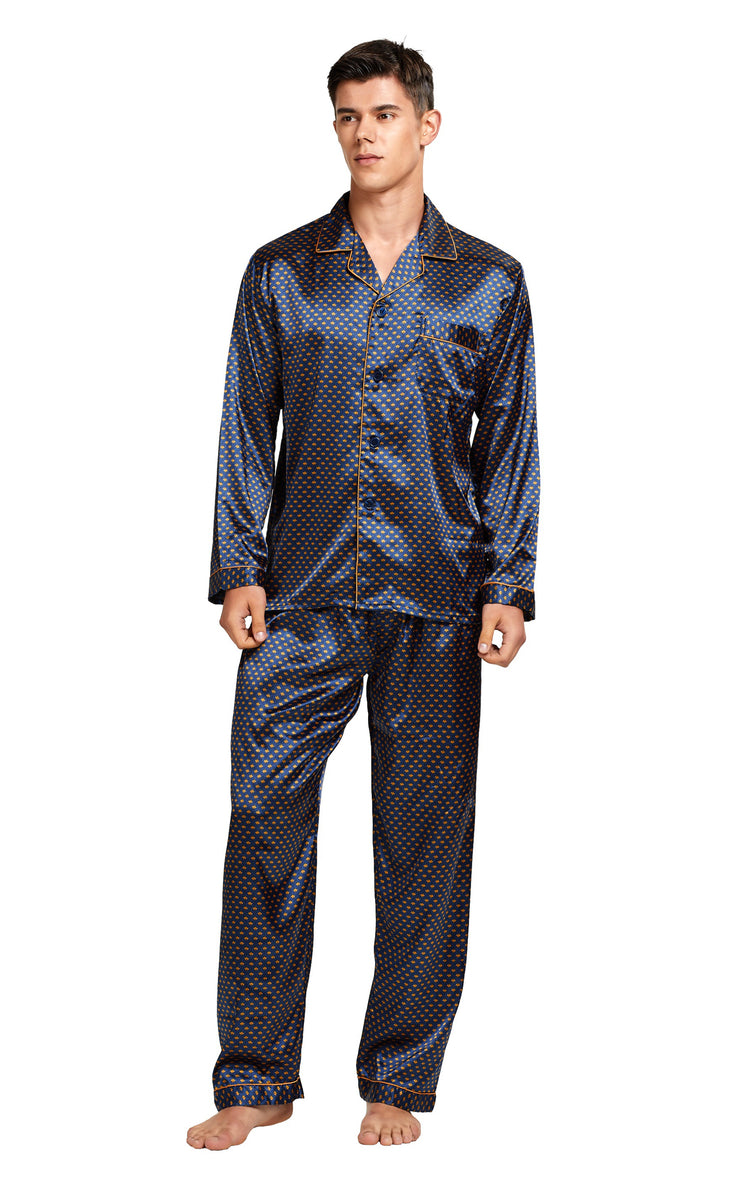 Men s Silk Satin Pajama Set Long Sleeve Navy and Golden Diamond