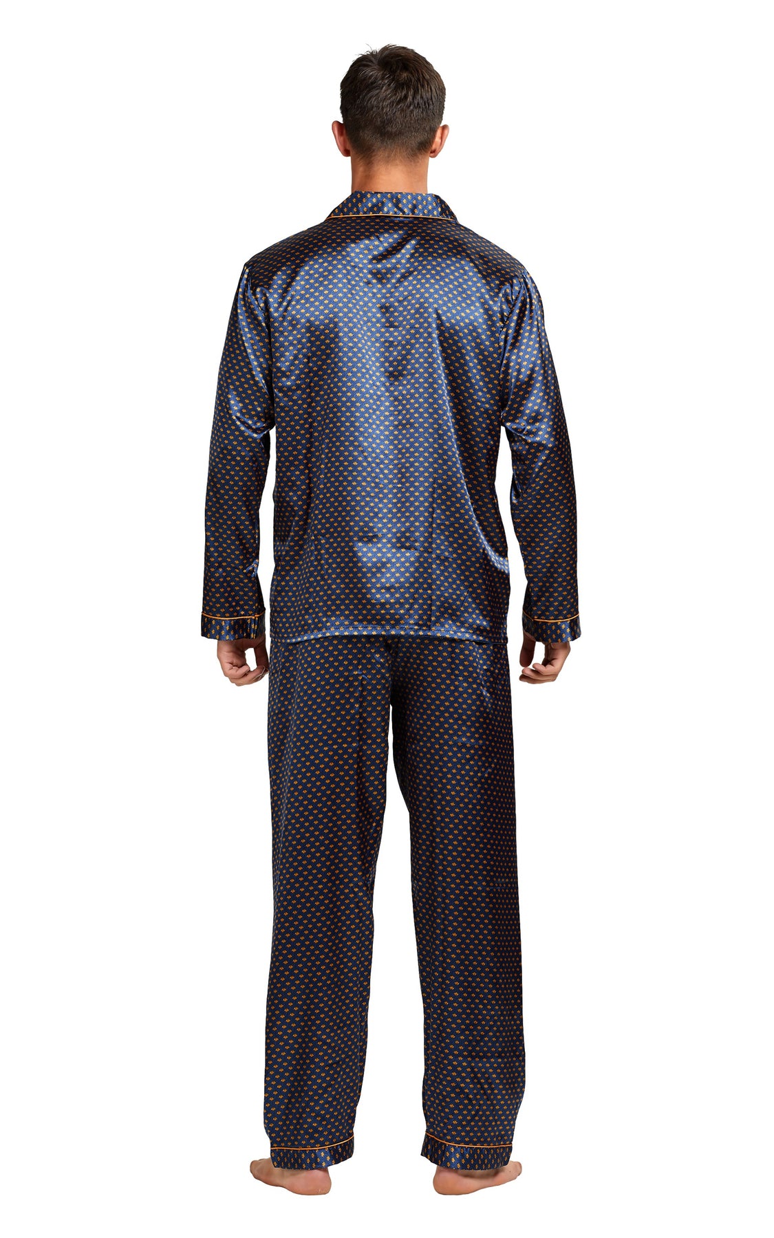 Pure Silk Navy Chain Print Long Sleeve Men's Pajamas Set With Pants