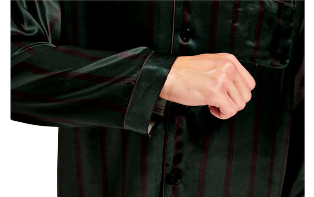 Men's Silk Satin Pajama Set Long Sleeve-Green and Burgundy Striped