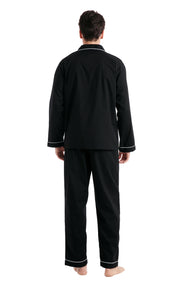 Men's Cotton Long Sleeve Woven Pajama Set-Black with White Piping