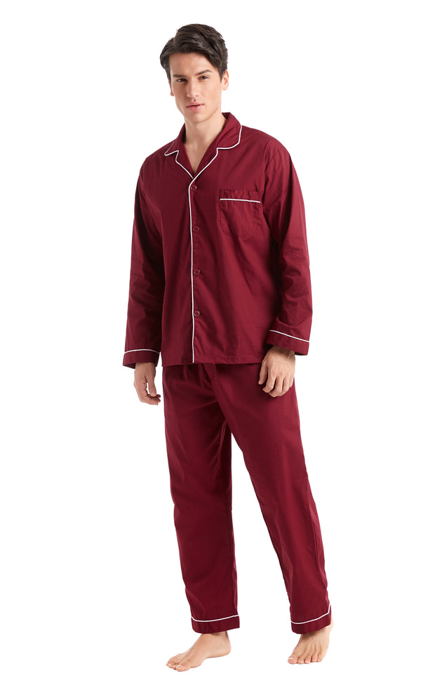 Men's Cotton Long Sleeve Woven Pajama Set-Burgundy with White Piping