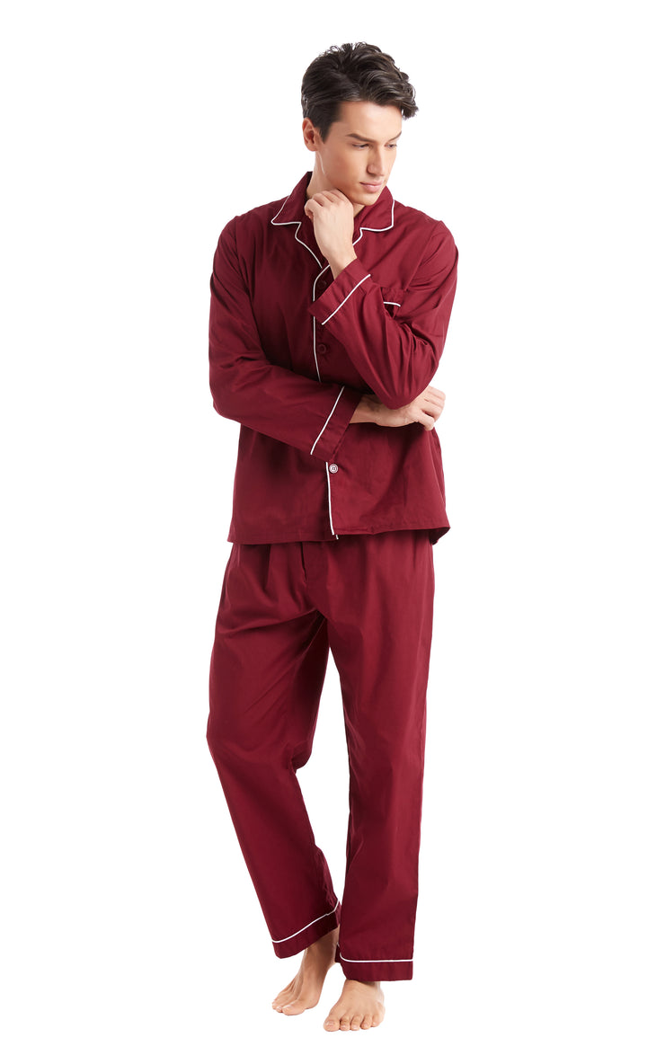 Men's Cotton Long Sleeve Woven Pajama Set-Burgundy with White Piping