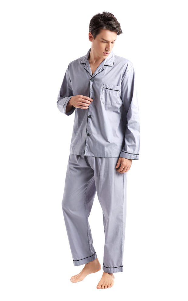 Men's Cotton Long Sleeve Woven Pajama Set-Gray with Black Piping