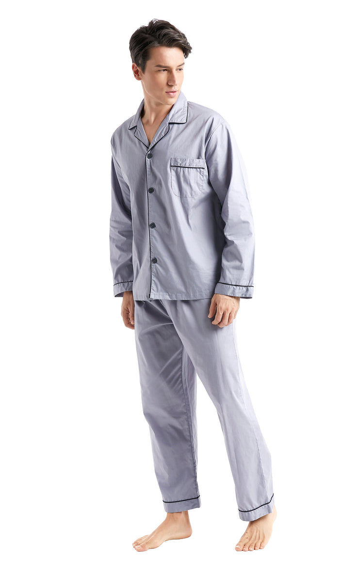 Men's Cotton Long Sleeve Woven Pajama Set-Gray with Black Piping