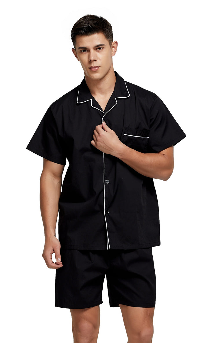 Men's Cotton Short Sleeve Woven Pajama Set-Black with White Piping