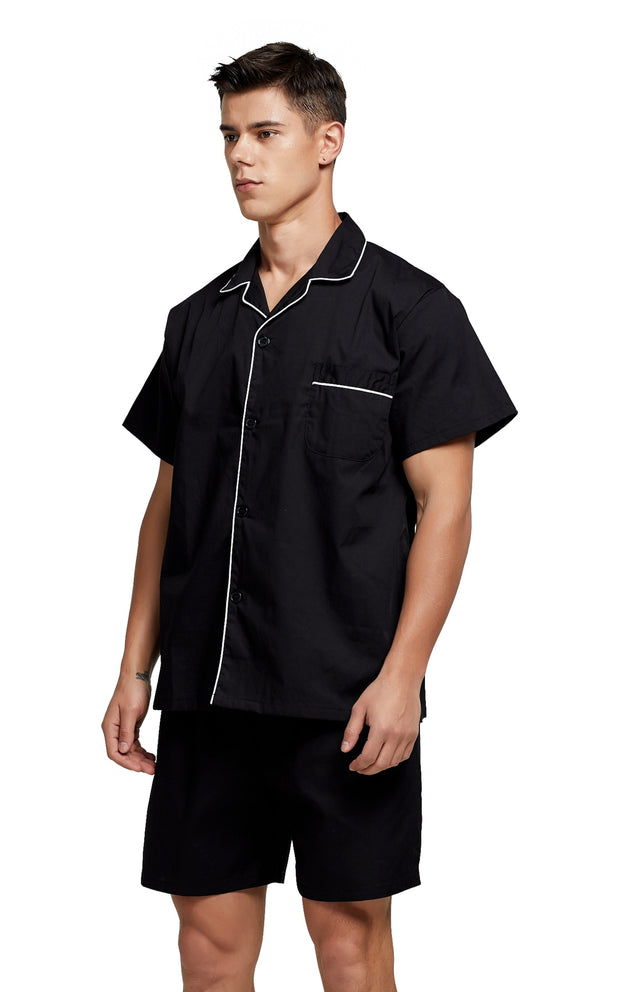 Men's Cotton Short Sleeve Woven Pajama Set-Black with White Piping