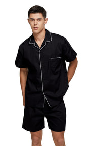 Men's Cotton Short Sleeve Woven Pajama Set-Black with White Piping