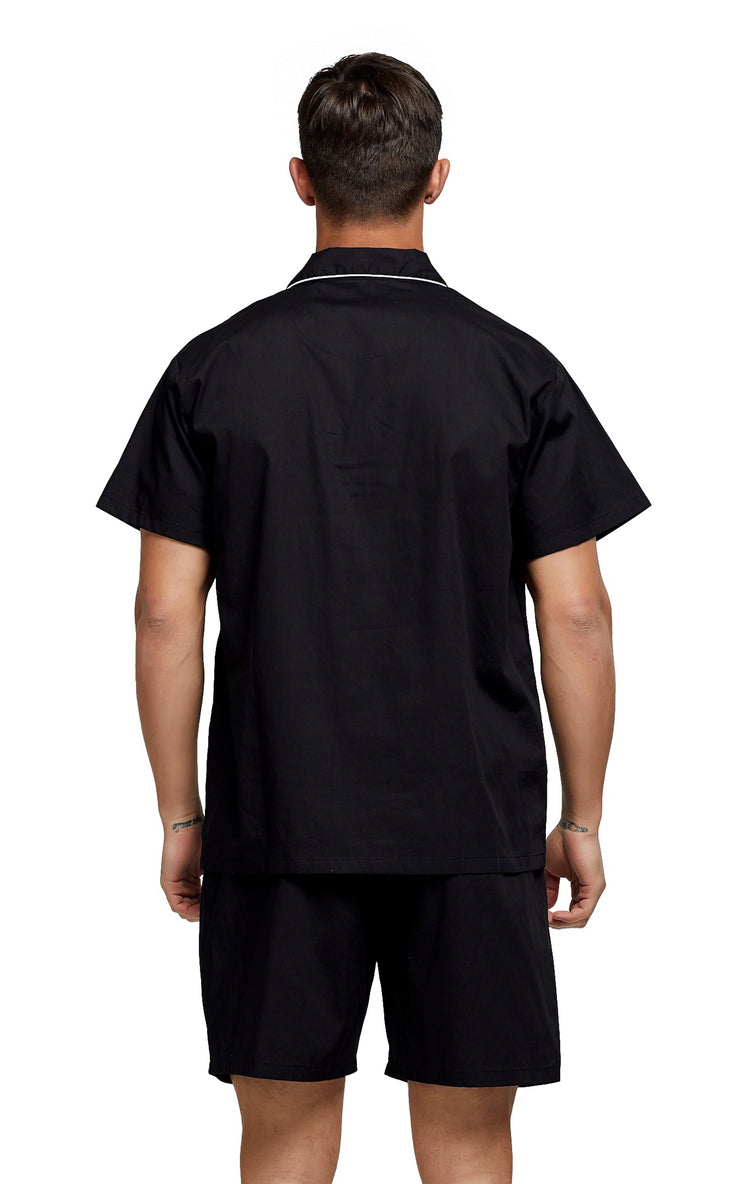 Men's Cotton Short Sleeve Woven Pajama Set-Black with White Piping