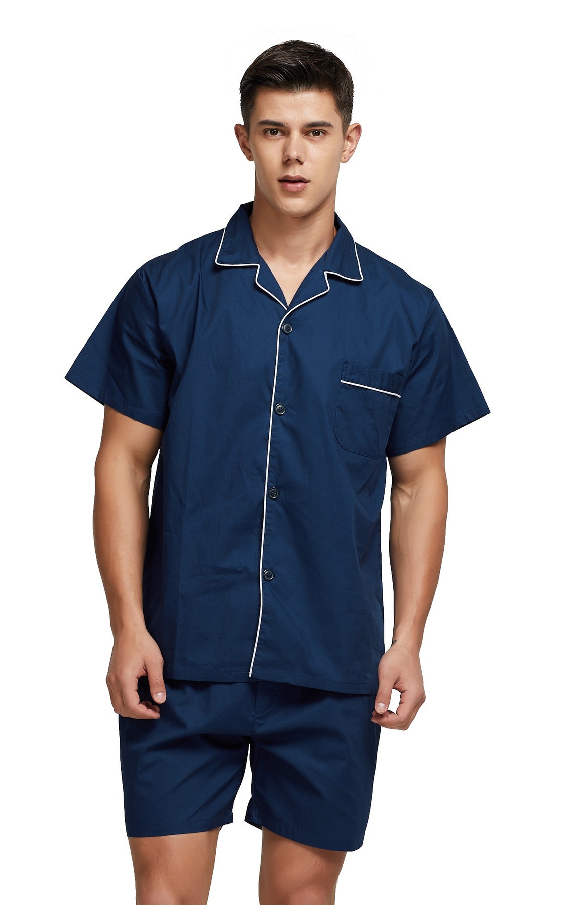Men's Cotton Short Sleeve Woven Pajama Set-Navy Blue with White Piping ...