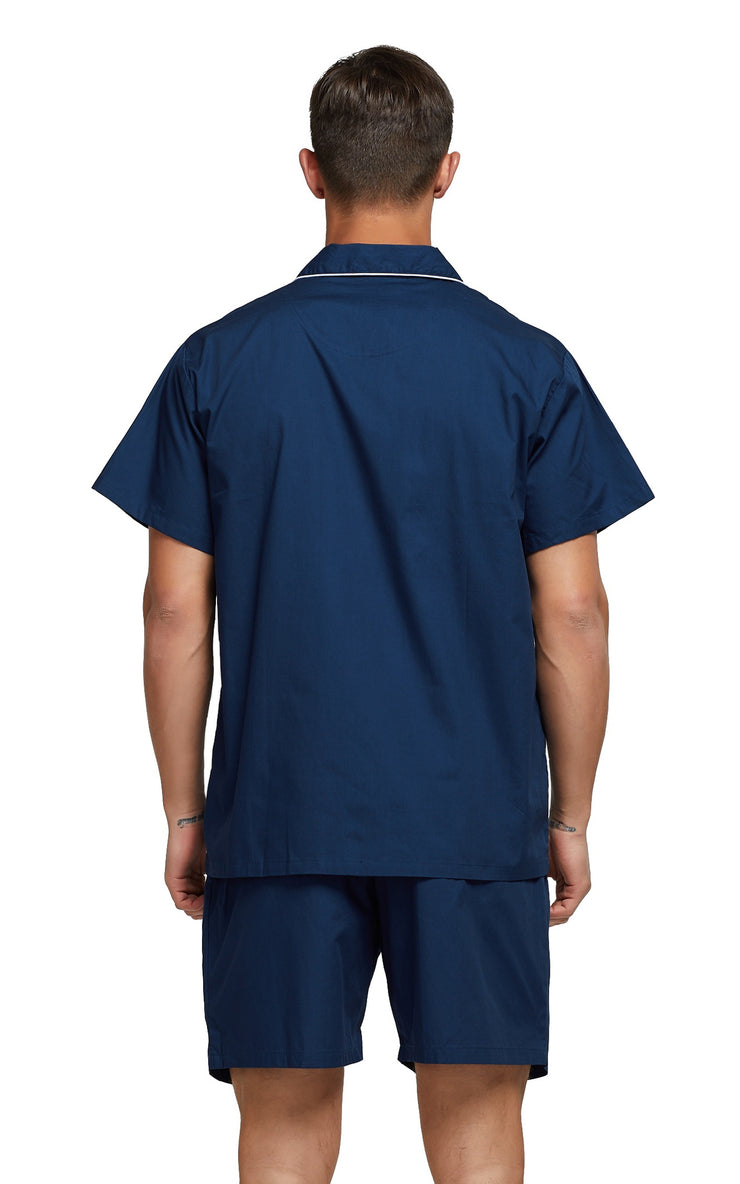 Men's Cotton Short Sleeve Woven Pajama Set-Navy Blue with White Piping