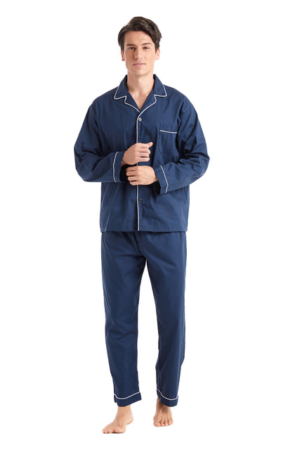 Men's Cotton Long Sleeve Woven Pajama Set-Navy Blue with White Piping
