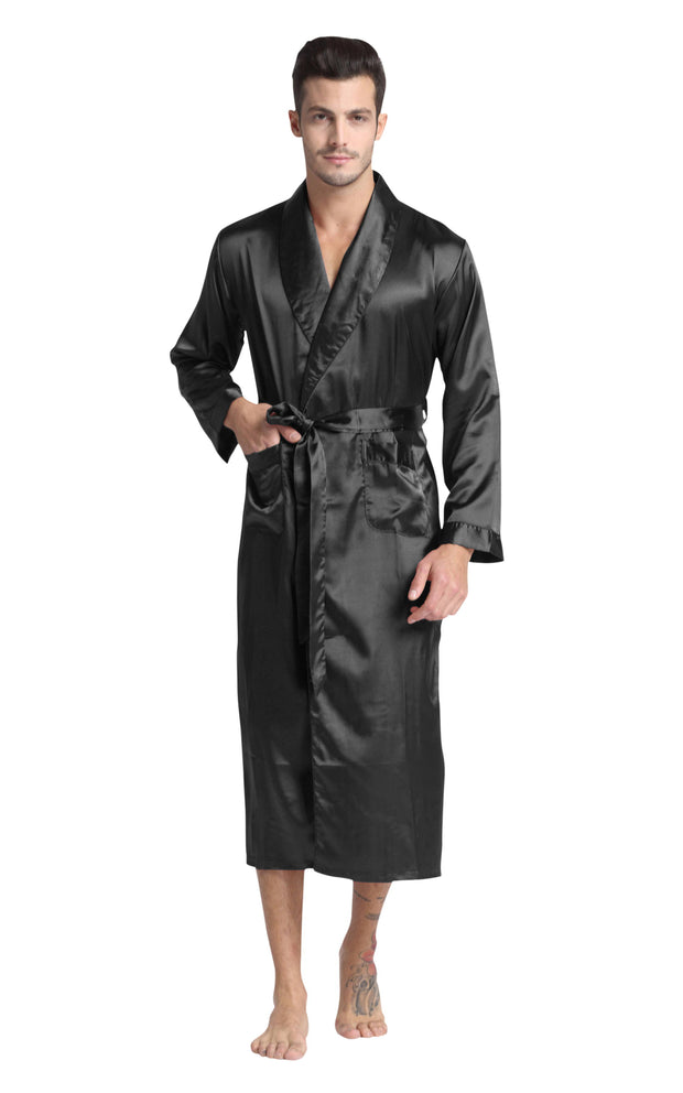 Men's Satin Long Robe with Shawl Collar-Black