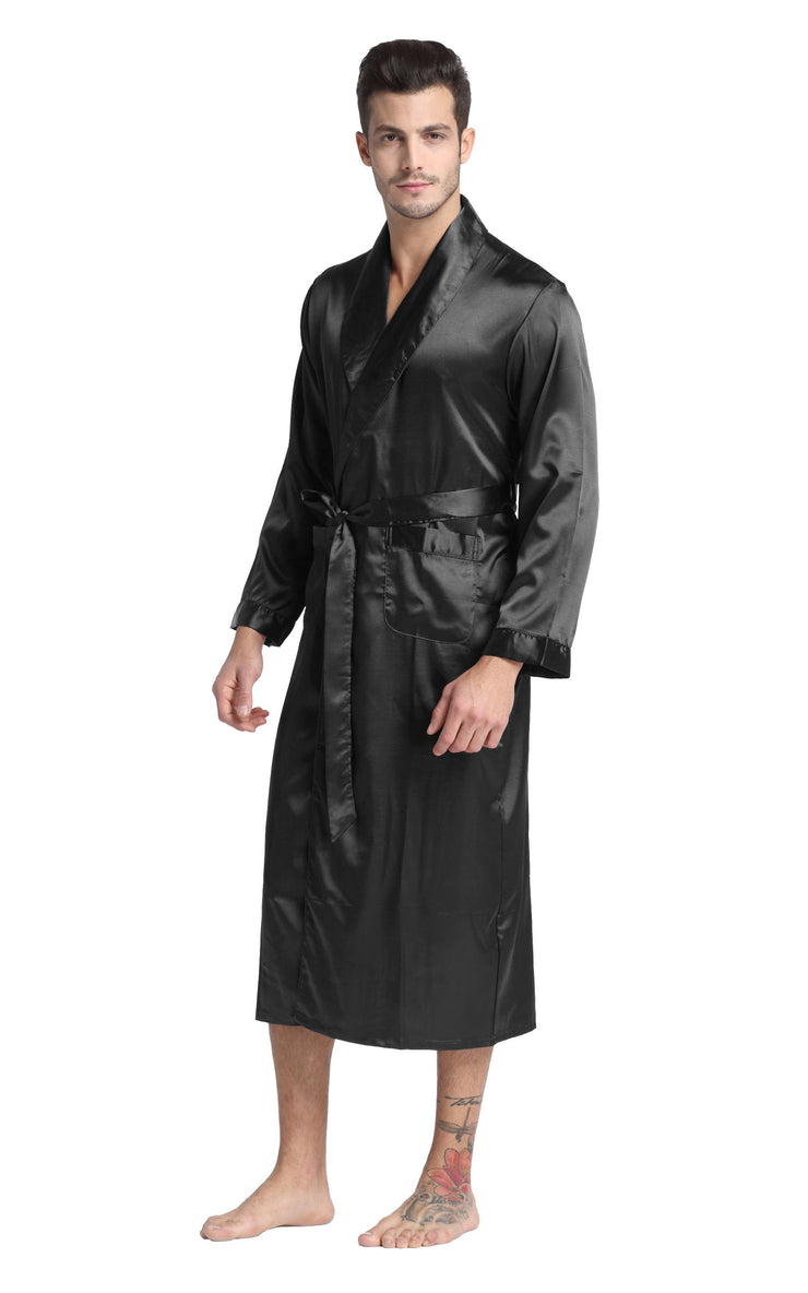 Men's Satin Long Robe with Shawl Collar-Black