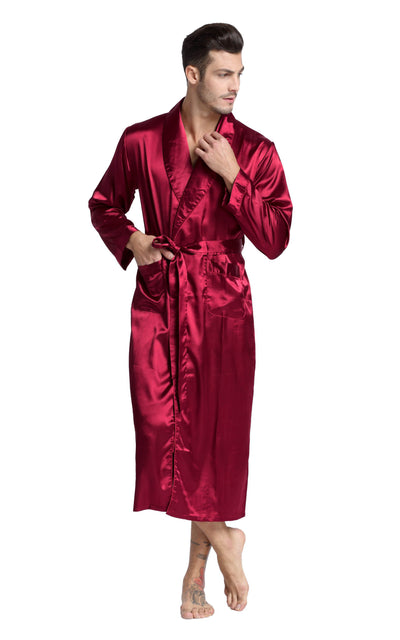 Men's Satin Long Robe with Shawl Collar-Burgundy