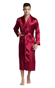 Men's Satin Long Robe with Shawl Collar-Burgundy