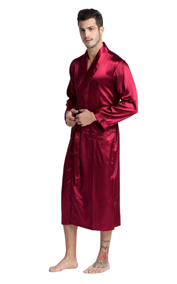 Men's Satin Long Robe with Shawl Collar-Burgundy