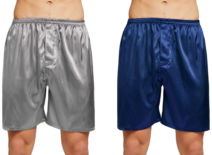 Men's Satin Boxers Shorts Underwear Pack of 2-Navy Blue+Gray