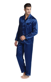 Men's Silk Satin Pajama Set Long Sleeve-Navy Blue
