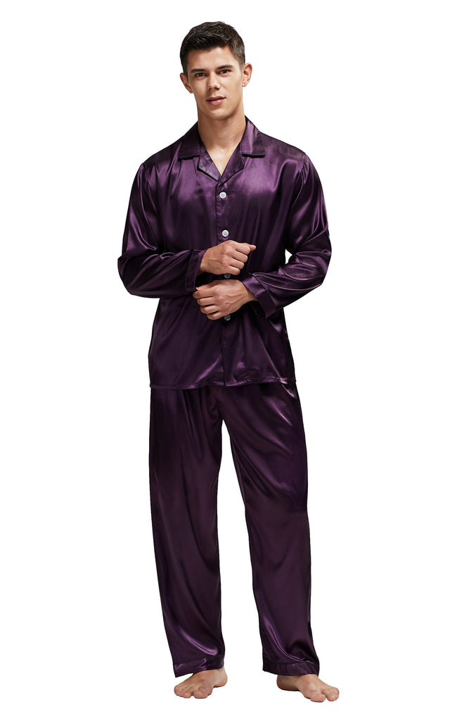 Men s Silk Satin Pajama Set Long Sleeve Dark Purple with Black Piping Tony Candice