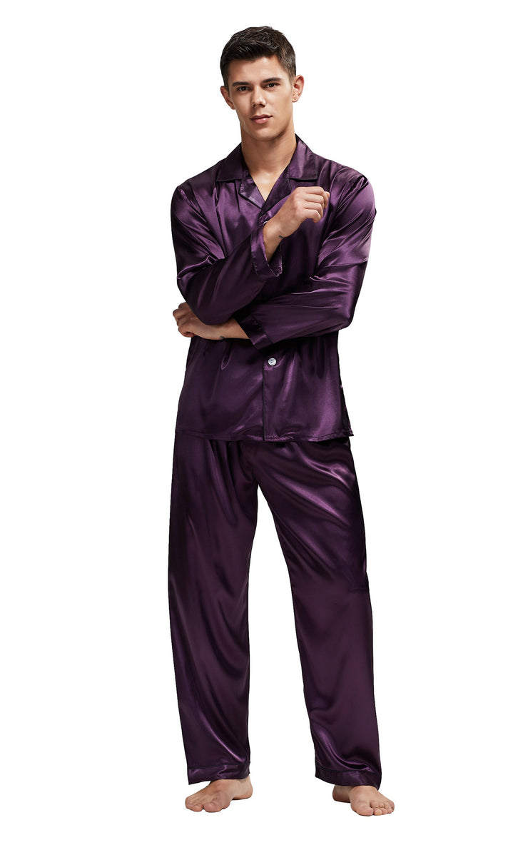 Men's Silk Satin Pajama Set Long Sleeve-Dark Purple with Black Piping