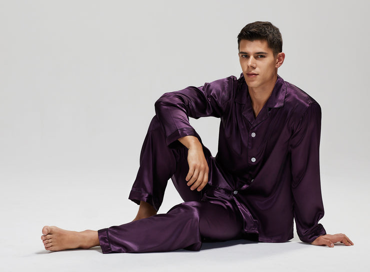 Men's Silk Satin Pajama Set Long Sleeve-Dark Purple with Black Piping