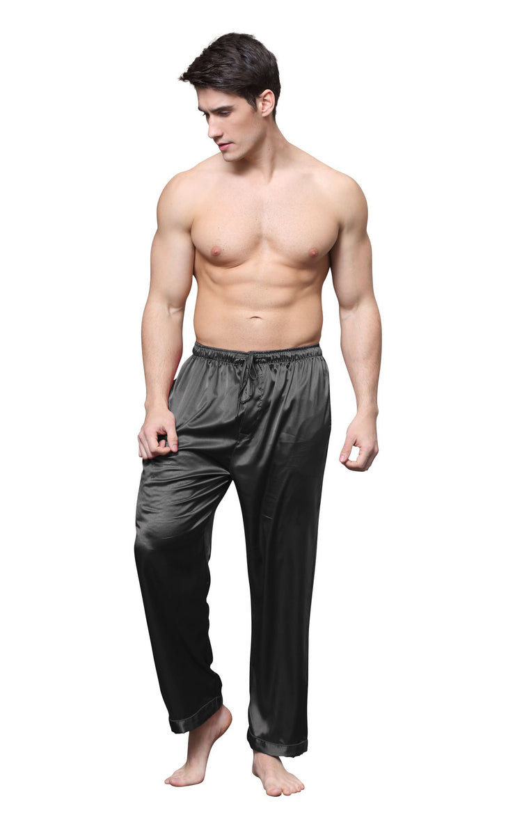 Men's Satin Pajama Pants, Long PJ Bottoms-Black