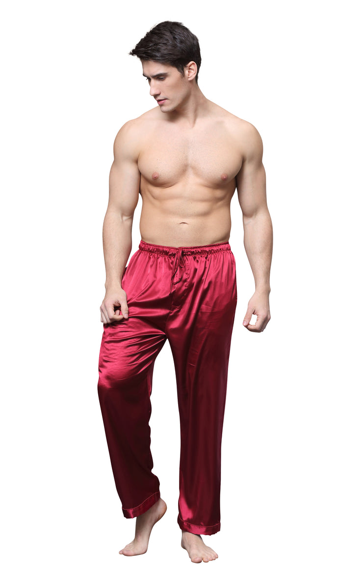 Men's Satin Pajama Pants, Long Pj Bottoms-Burgundy