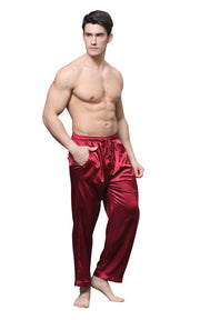 Men's Satin Pajama Pants, Long PJ Bottoms-Burgundy