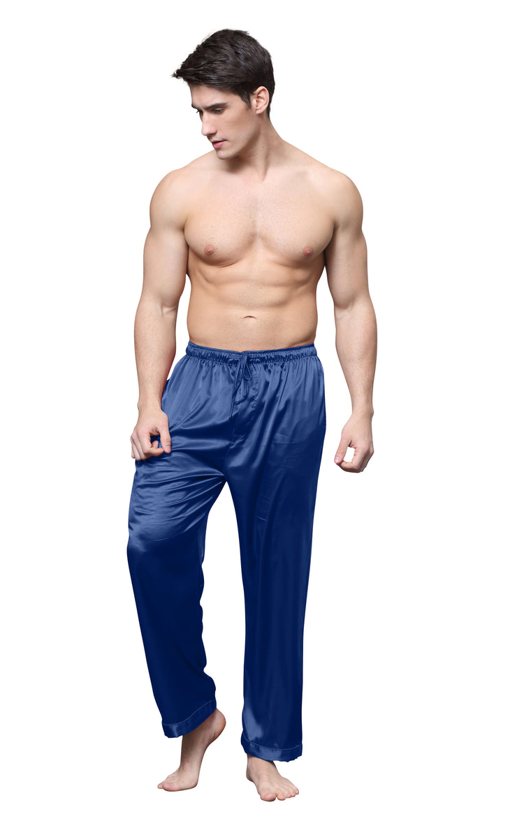 Men's Satin Pajama Pants, Long PJ Bottoms-Navy Blue
