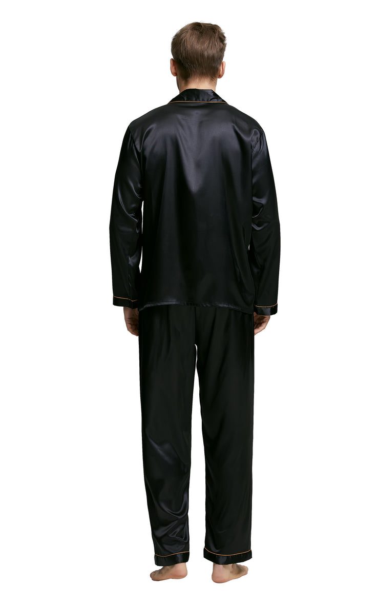 Men's Silk Satin Pajama Set Long Sleeve-Black with Golden Piping