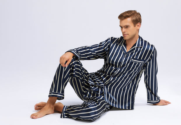 Men's Silk Satin Pajama Set Long Sleeve-Navy and Beige Striped