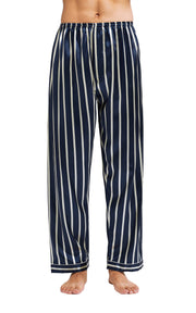 Men's Silk Satin Pajama Set Long Sleeve-Navy and Beige Striped