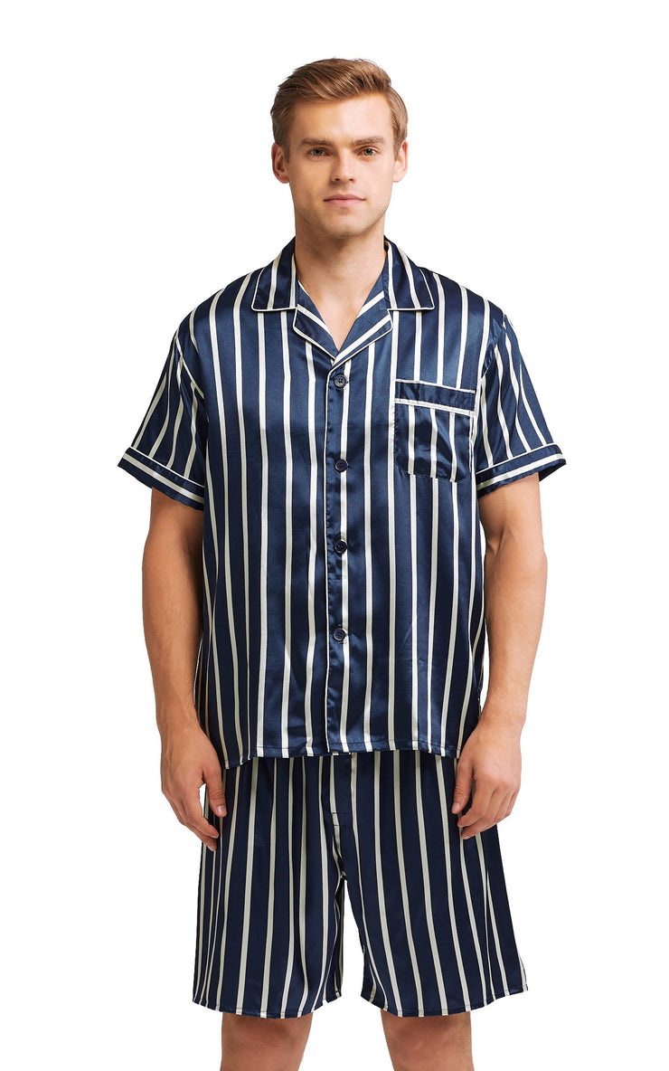 Men's Silk Satin Pajama Set Short Sleeve-Navy and Beige Striped