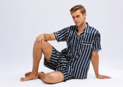 Men's Silk Satin Pajama Set Short Sleeve-Navy and Beige Striped