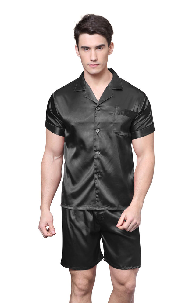 Men's Silk Satin Pajama Set Short Sleeve-Black