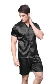 Men's Silk Satin Pajama Set Short Sleeve-Black