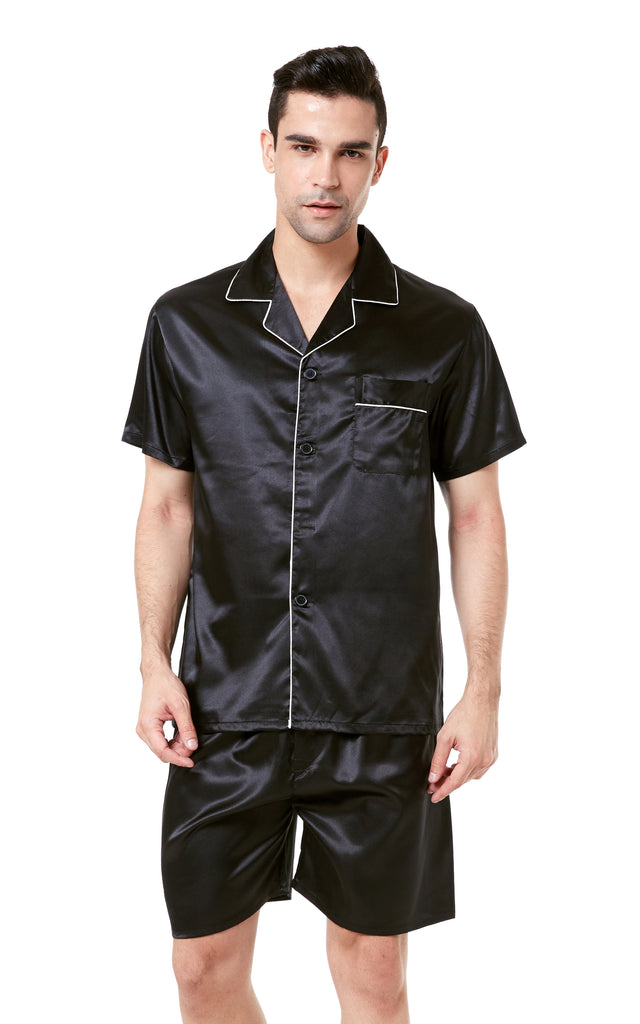 Men s Silk Satin Pajama Set Short Sleeve Black with White Piping Tony Candice