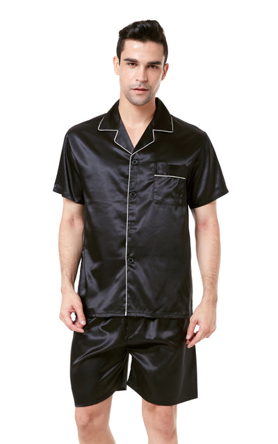Men's Silk Satin Pajama Set Short Sleeve-Black with White Piping