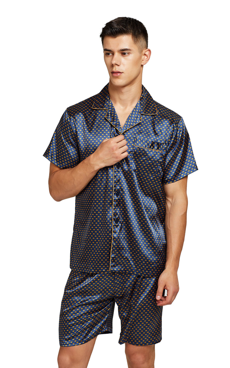 Men's Silk Satin Pajama Set Short Sleeve-Navy and Golden Diamond