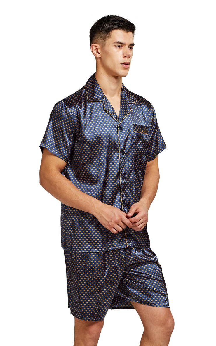 Men's Silk Satin Pajama Set Short Sleeve-Navy and Golden Diamond