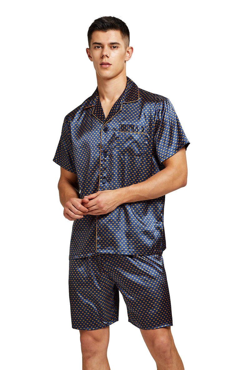 Men's Silk Satin Pajama Set Short Sleeve-Navy and Golden Diamond