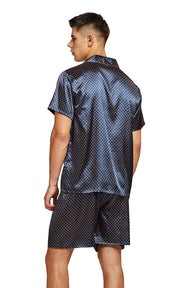 Men's Silk Satin Pajama Set Short Sleeve-Navy and Golden Diamond