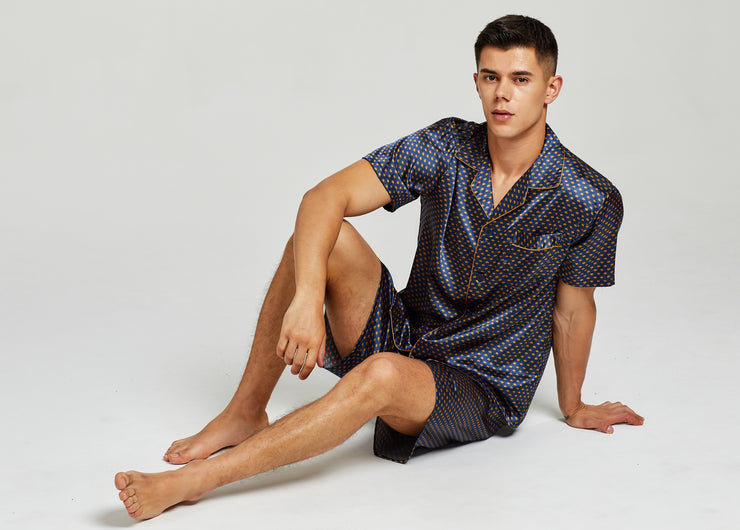 Men's Silk Satin Pajama Set Short Sleeve-Navy and Golden Diamond